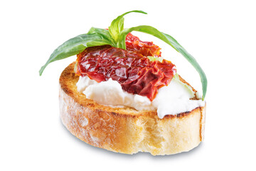 Ricotta dried tomato Basil bruschetta on a white isolated background