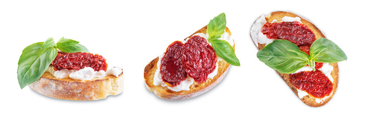 Ricotta dried tomato Basil bruschetta on a white isolated background