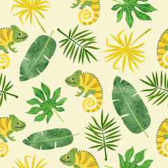 Seamless watercolor pattern with chameleons and tropical leaves. © Afanasia