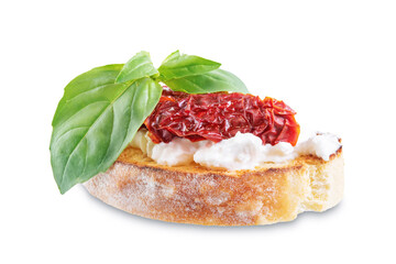 Ricotta dried tomato Basil bruschetta on a white isolated background