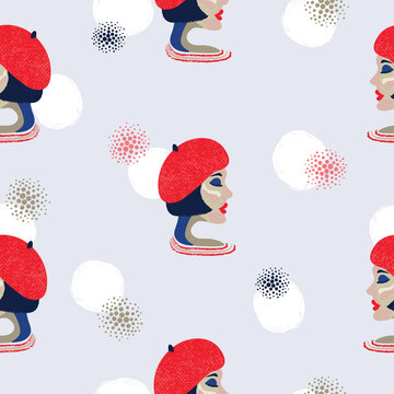 Seamless pattern with portrait of French woman. Vector abstract girl in red beret background
