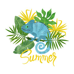 Cute chameleon and tropical leaves. Watercolor summer vector illustration. © Afanasia
