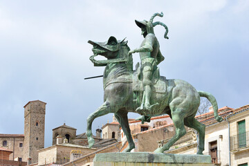 April 2, 2021 in Trujillo, Spain. Statue of Francisco Pizarro on horseback in the main square of Trujillo