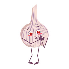 Cute garlic characters falls in love with eyes hearts, face, arms and legs. The funny or smile emotions hero, vegetable