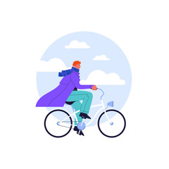 Flat illustration of a guy with red hair riding white vintage cruiser bicycle with blue sky and clouds cropped in circle on the background
