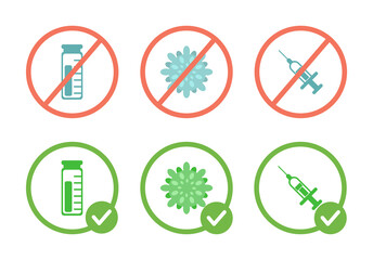Fototapeta premium No vaccine, viruses, and syringes prohibition sign, and vaccination allowed symbols vector flat illustration isolated on white background. Medicine icons in crossed out red and green circle.