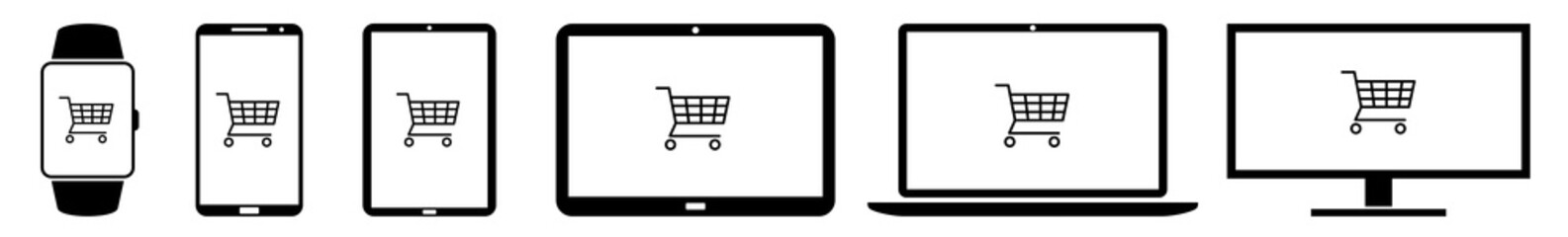 Display shopping, cart, carts, commerce, business, shopper Icon Devices Set | Web Screen Device Online | Laptop Vector Illustration | Mobile Phone | PC Computer Smartphone Tablet Sign Isolated