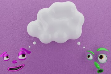 3d rendering of Two Unique Faces, Fly and Confused Expression, Cloud and Purple Wall. Perfect for background, presentation, Idea, Emoticon, add picture, advertisement product and mock up object.