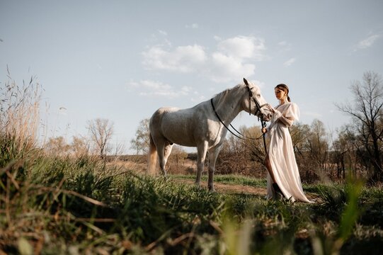 A beautiful bride in a light dress poses. Boho style. Photo shoot with a horse.