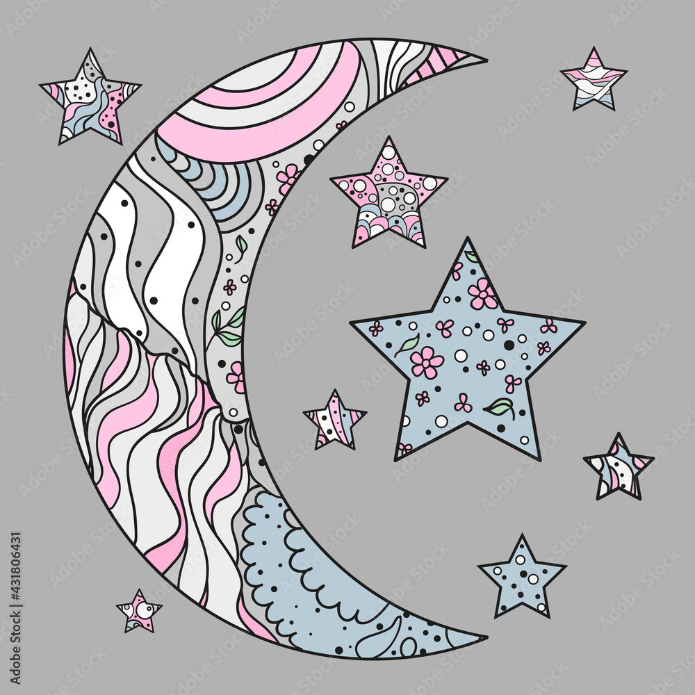 Sticker zentangle moon and star with abstract patterns on isolation background. design for spiritual relaxat