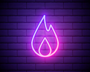 Neon fire icon. Elements in neon style icons. Simple neon flame icon for websites, web design, mobile app isolated on brick wall