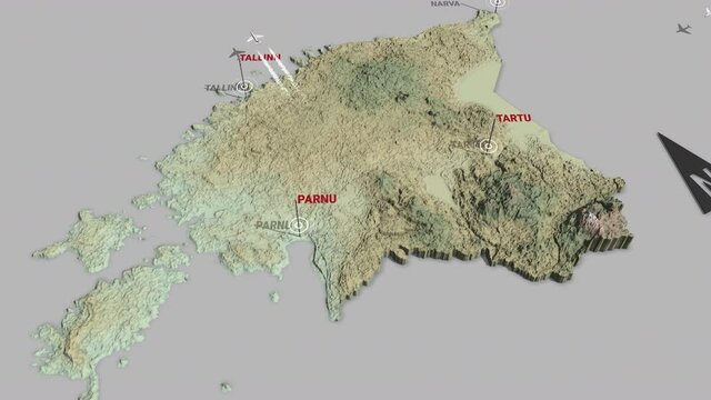 Seamless looping animation of the 3d terrain map of Estonia with the capital and the biggest cites in 4K resolution