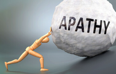 Fototapeta na wymiar Apathy and painful human condition, pictured as a wooden human figure pushing heavy weight to show how hard it can be to deal with Apathy in human life, 3d illustration
