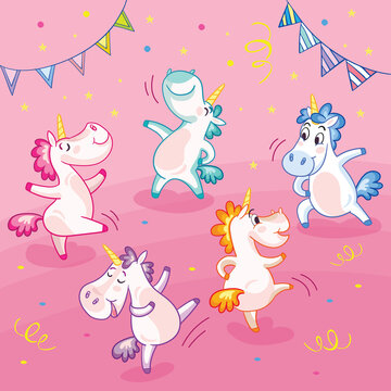 Colorful vector illustration cute and happy dancing unicorns