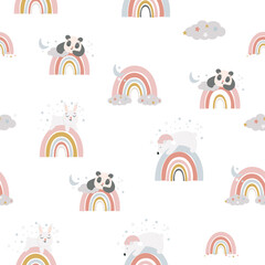 Seamless pattern with rainbows, sleeping funny animals, clouds and night stars. Print for children's wallpaper, textiles. Bear, fox, panda, bunny, turtle with closed eyes. Cute vector illustration.