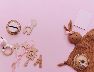 Flat lay Baby shower, newborn child accessories on pink background, Girl birthday party. Card invitation template, copy space