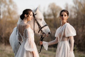 Two beautiful brides in a light dress posing. Boho style. Photo shoot with a horse.
