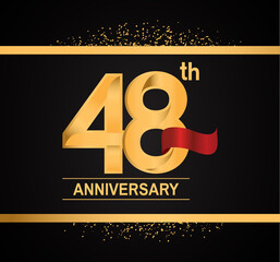 48 years anniversary logotype with premium gold color and red ribbon with glitter background isolated on black background. vector for template party and company celebration