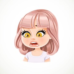 Beautiful cartoon fear emotion girl with powdery pink bob haircut with bangs portrait isolated on white background