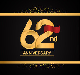 62 years anniversary logotype with premium gold color and red ribbon with glitter background isolated on black background. vector for template party and company celebration