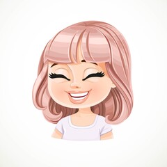 Beautiful happy cartoon girl with powdery pink bob haircut with bangs portrait isolated on white background