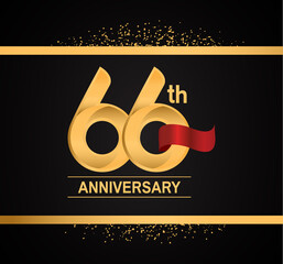 66 years anniversary logotype with premium gold color and red ribbon with glitter background isolated on black background. vector for template party and company celebration