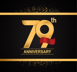 79 years anniversary logotype with premium gold color and red ribbon with glitter background isolated on black background. vector for template party and company celebration - obrazy, fototapety, plakaty