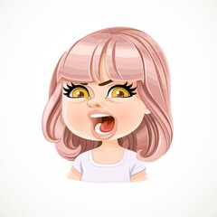 Beautiful angry aggressive cartoon girl with powdery pink bob haircut with bangs portrait isolated on white background