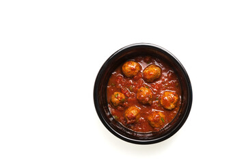 Delicious juicy meatballs in tomato sauce, Top view. Light background, copy space