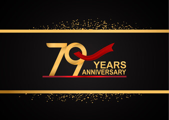79 years anniversary logotype with golden color and red ribbon with glitter background isolated on black background. vector for template party and company celebration - obrazy, fototapety, plakaty