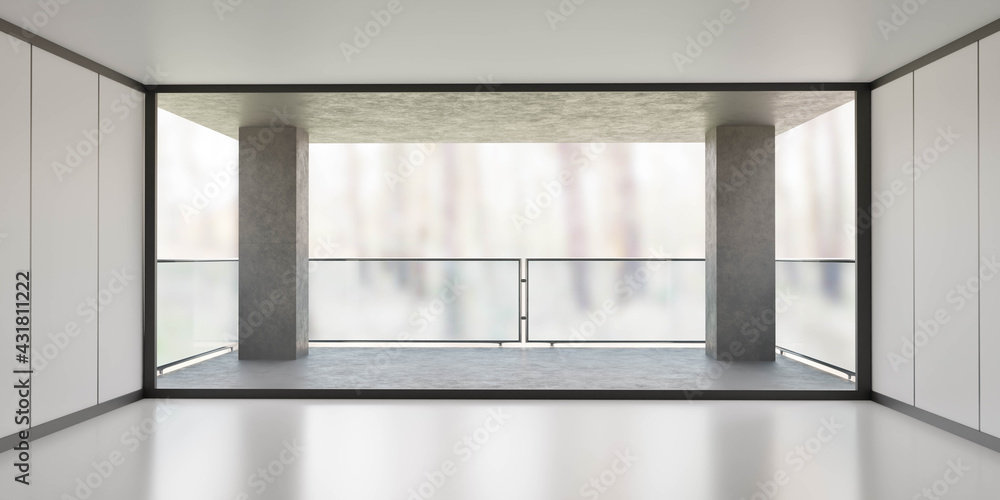 Poster modern architecture concrete balcony with forest view 3d render illustration