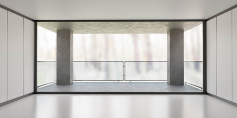 modern architecture concrete balcony with forest view 3d render illustration