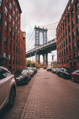 city bridge and city skyline Manhattan Brooklyn New York cars street  