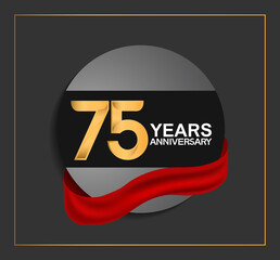 75 years anniversary logotype with golden color and red ribbon on black circle with glitter background isolated on black background. vector for template party and company celebration