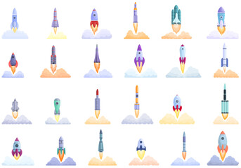 Spacecraft launch icons set. Cartoon set of spacecraft launch vector icons for web design