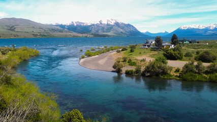 aerial view of the mouth of the Chimehuin river.