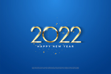 Fototapeta na wymiar 2022 happy new year with golden numbers on blue background.