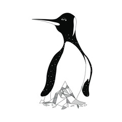 Pingüino blanco y negro sobre líneas geométricas. Estilo puntillismo. 