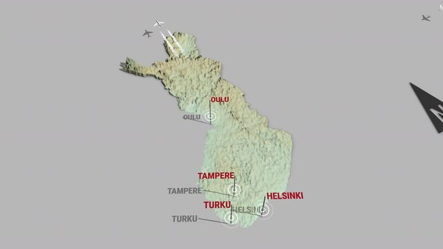 Seamless looping animation of the 3d terrain map of Finland with the capital and the biggest cites in 4K resolution