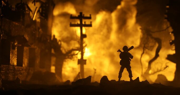 Military soldiers silhouettes with bazooka and rpg. War Concept. Military silhouettes fighting scene on war fog sky background, Mojahed with rpg and us soldier with bazooka at sunset. Attack scene