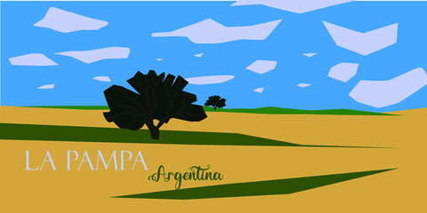 Landscape of the Province of La Pampa, Argentina, with its name in Spanish.