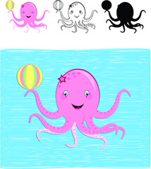 cute cartoon octopus cartoon in color and outline and silhouette  
