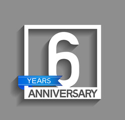 6 years anniversary logotype with white color in square and blue ribbon isolated on grey background. vector can be use for party, company special event and celebration moment