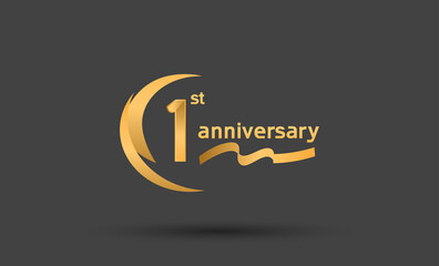 1 year anniversary logotype with double swoosh, ribbon golden color isolated on black background. vector can be use for party, company special event and celebration moment