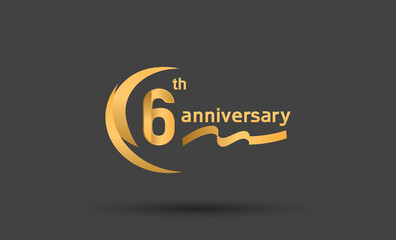 6 years anniversary logotype with double swoosh, ribbon golden color isolated on black background. vector can be use for party, company special event and celebration moment