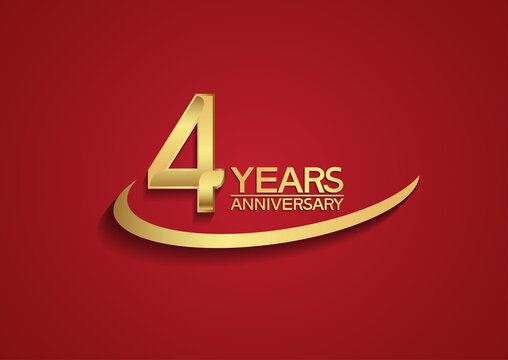 4 years anniversary logo style with swoosh golden color isolated on red background for celebration moment