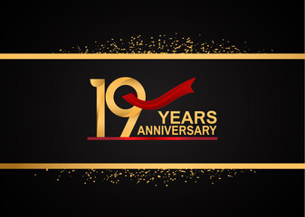 19 years anniversary logotype with golden color and red ribbon with glitter background isolated on black background. vector can be use for party, company special event and celebration moment