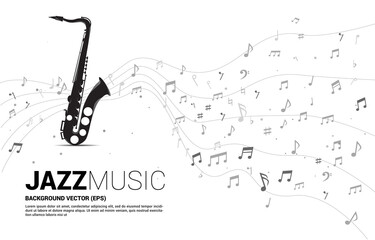 Vector music melody note dancing flow from saxophone . Concept background for jazz song and concert theme. - obrazy, fototapety, plakaty