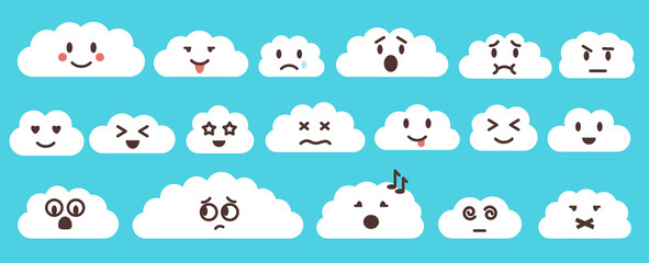 White flat vector cloud set with emoji. Clouds cartoon symbols on blue background with shadow for web site design, logo, app. Bubble icon collection for infographic design. Funny faces label, stickers