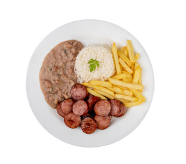 Sausage, rice, beans and french fries. Typical brazilian executive dish isolated over white background